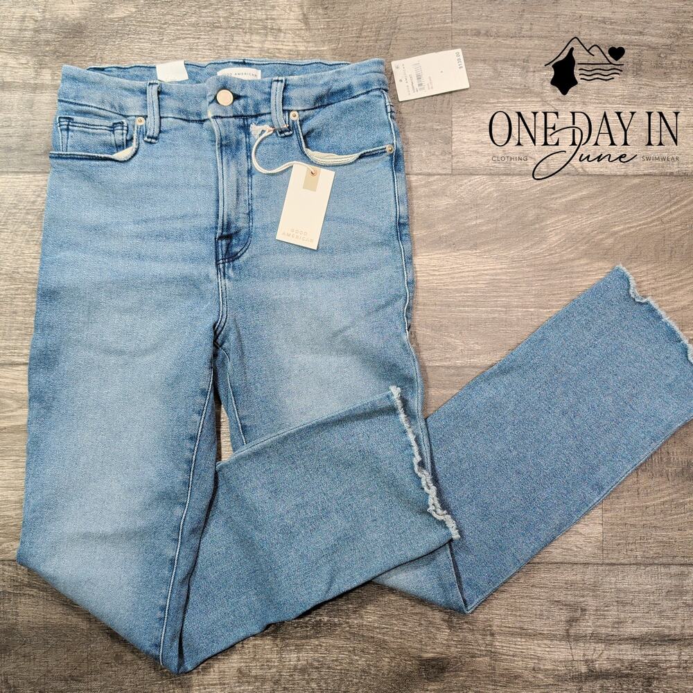 Good American Good Legs Straight Jeans Blue449 Raw Hem NWT $139 Size 6 (28)